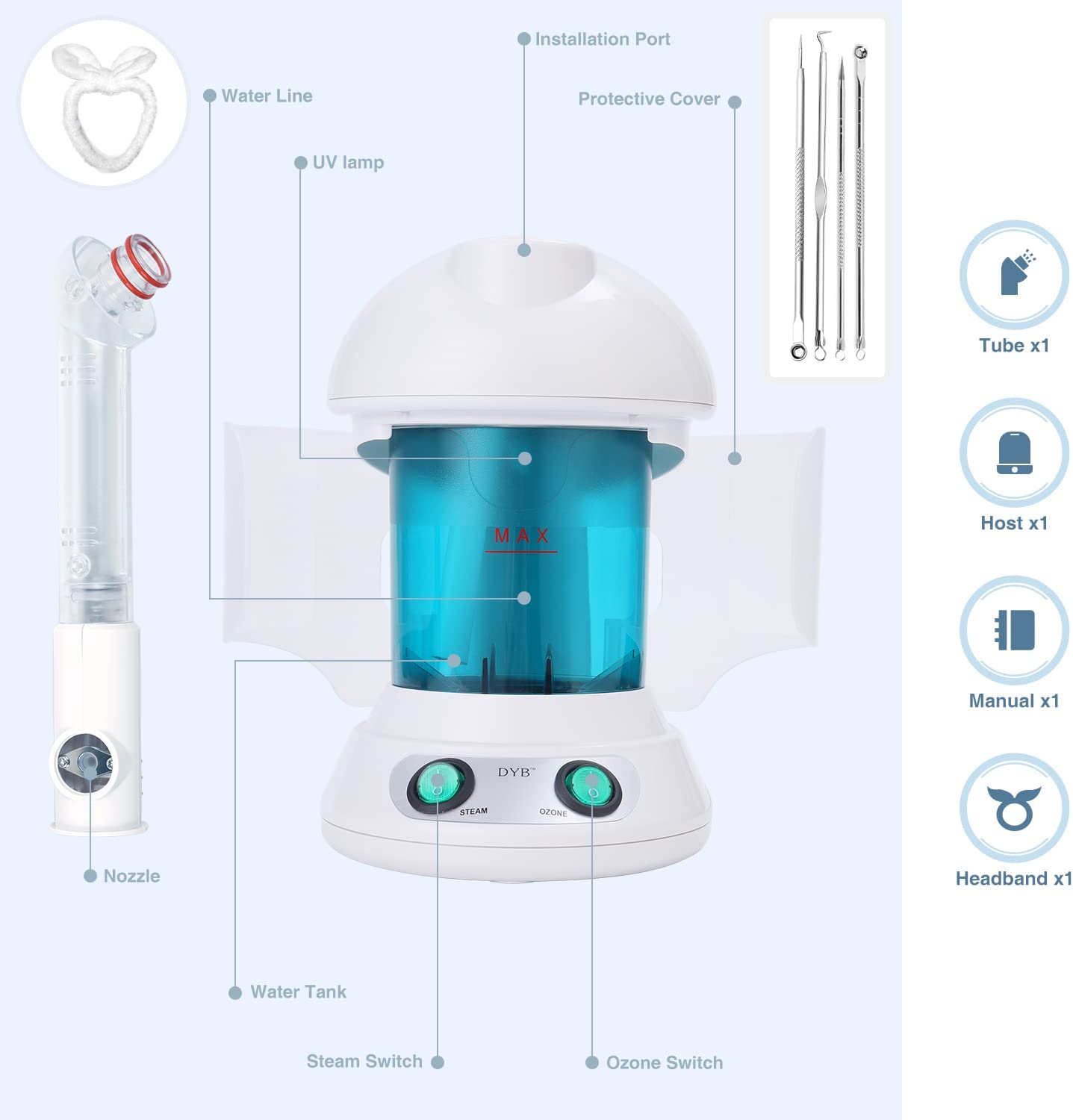 DYB Portable Facial Steamer, Nano Ionic Face Steamer with 360°Rotatable Sprayer,Mini Facial Steamer for Salon and Spa,1 Piece Headband and 4 Pieces Steel Skin Kits. - Image 7